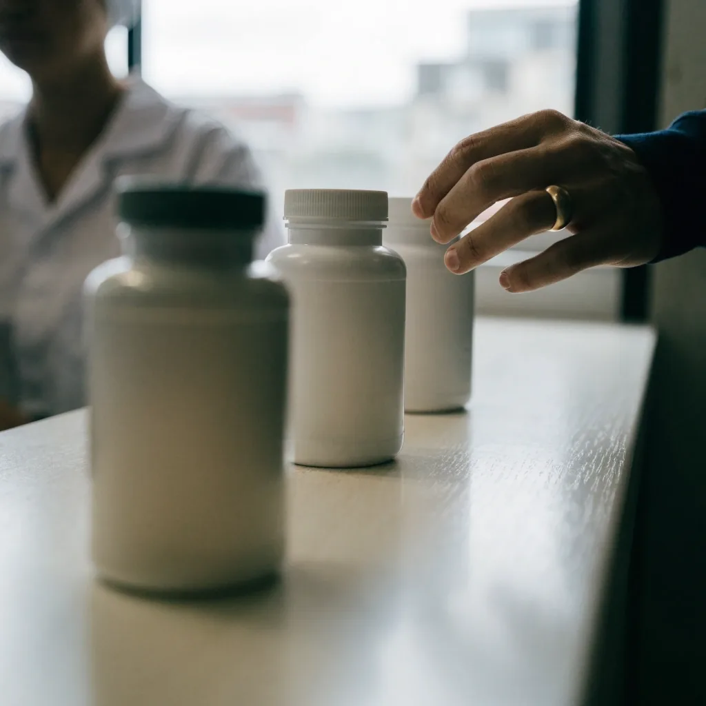 Unmarked supplement bottles standing on a pharmacy counter shelf in overcast daylight