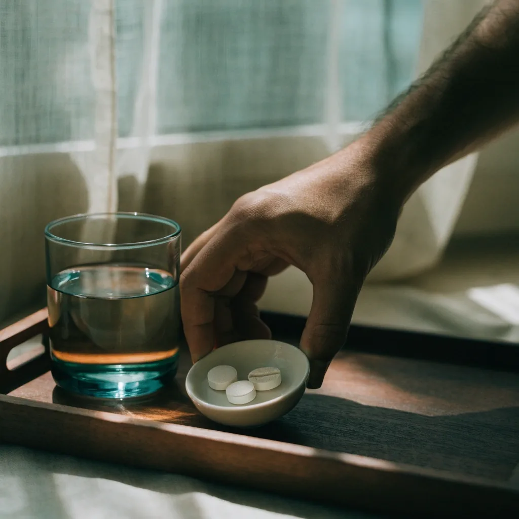 A split tablet, two whole tablets, and a glass of water on linen