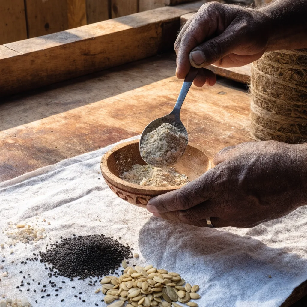 A wooden bowl of mineral powders and seeds on linen