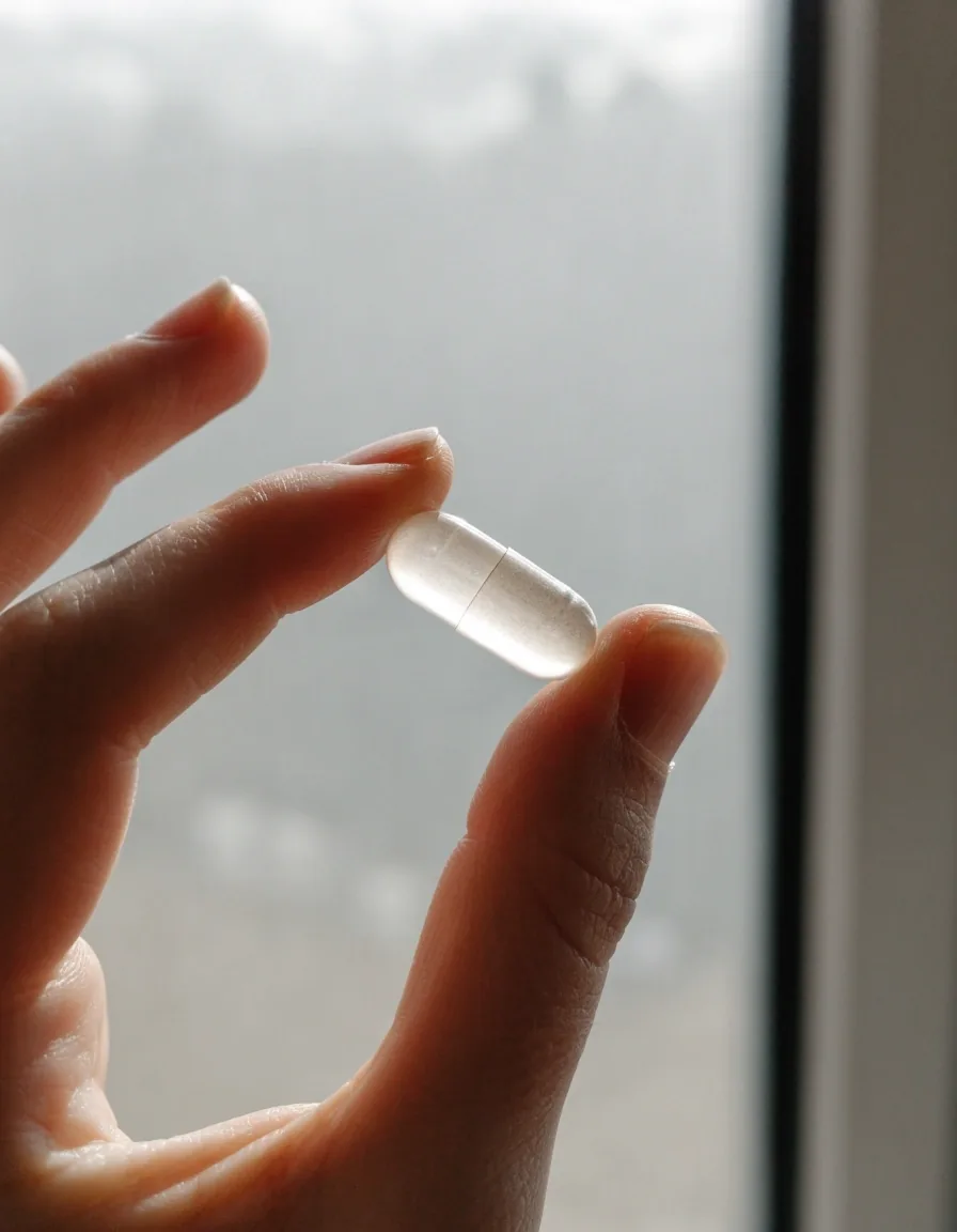 A capsule held between two fingers against bright window light
