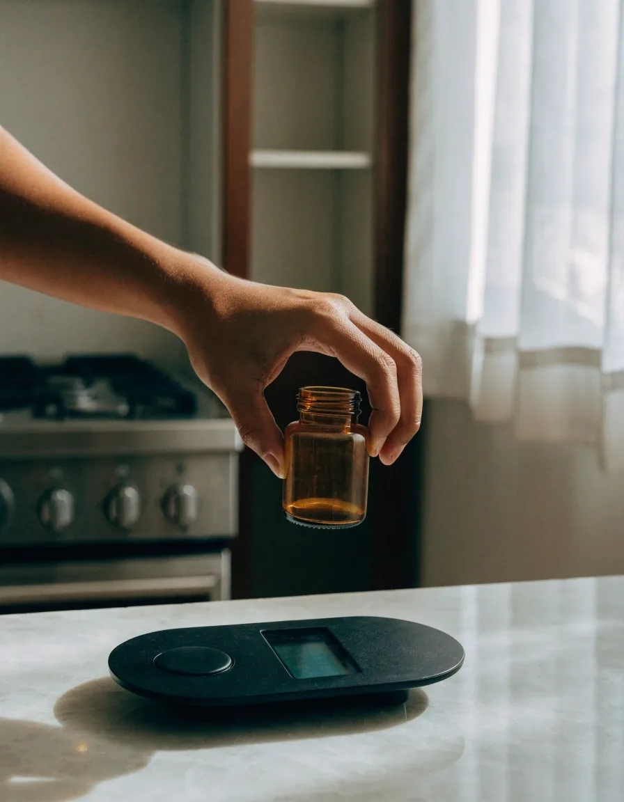 An unmarked bottle resting on a kitchen scale on a linen table