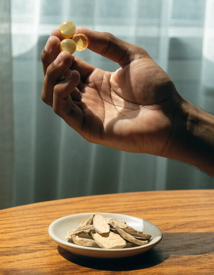 Bottle shoulder and loose capsules on linen under even daylight