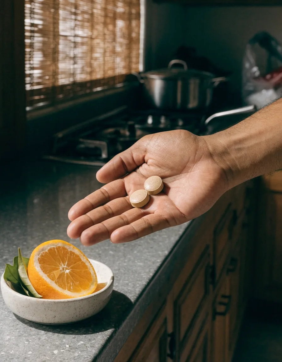 Capsules beside a sliced citrus half and green leaves