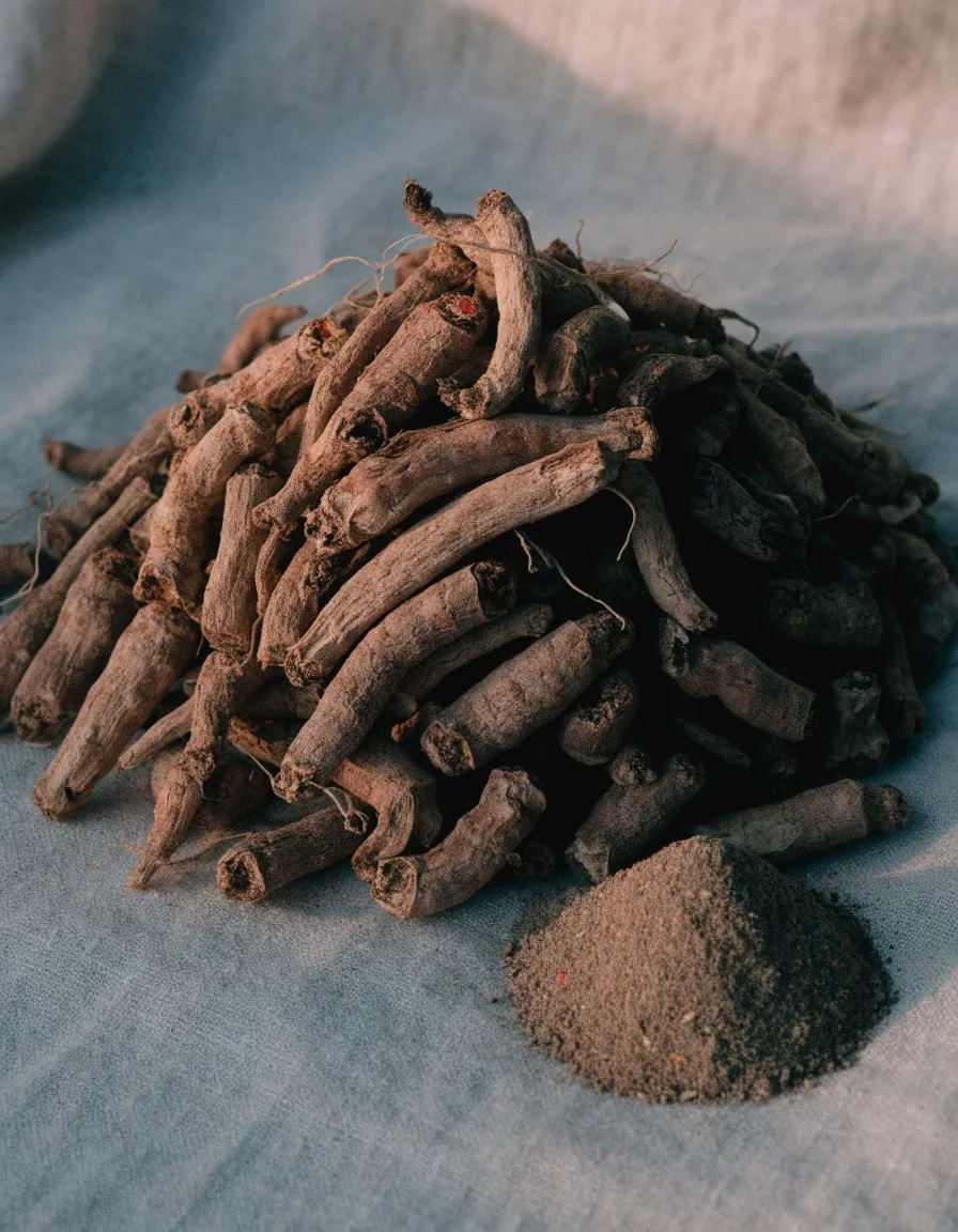 Dried root slices and herbal powder scattered on linen