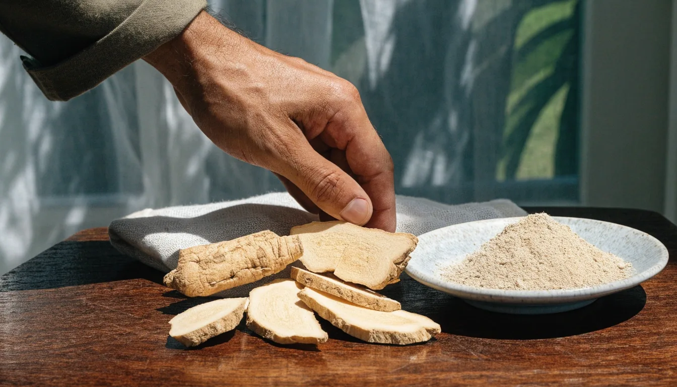 Dried ginseng root and herbal powder spread across linen
