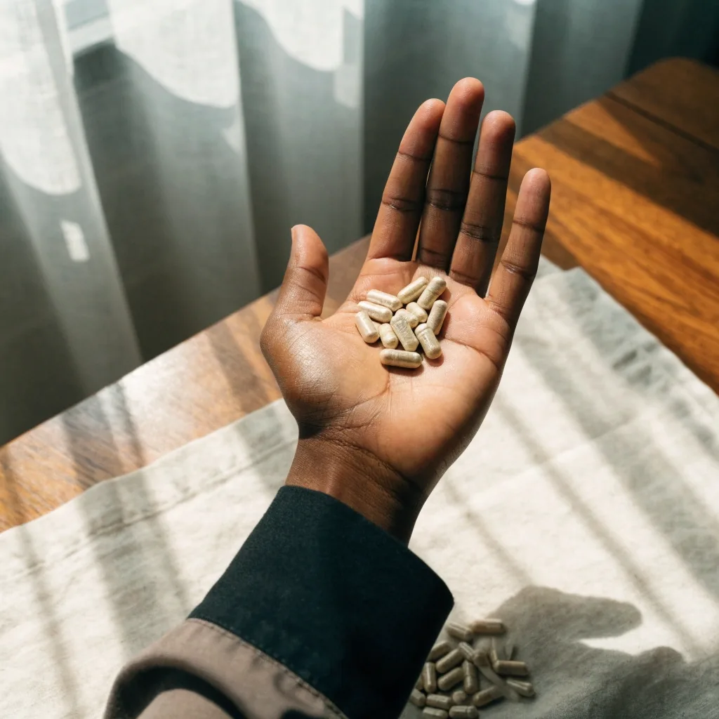 Plain capsules resting in an open palm above a linen surface