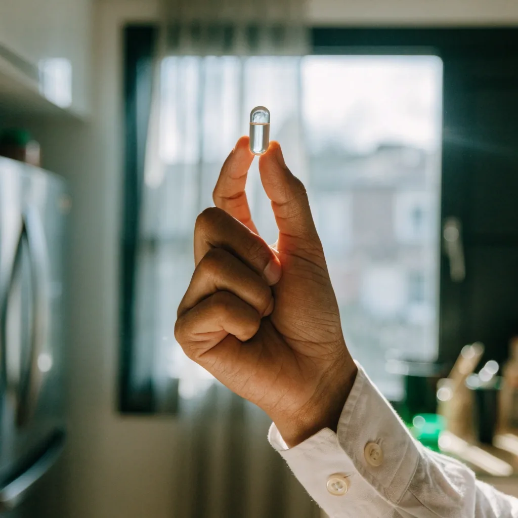 Clear supplement capsule held between two fingers in front of a bright window