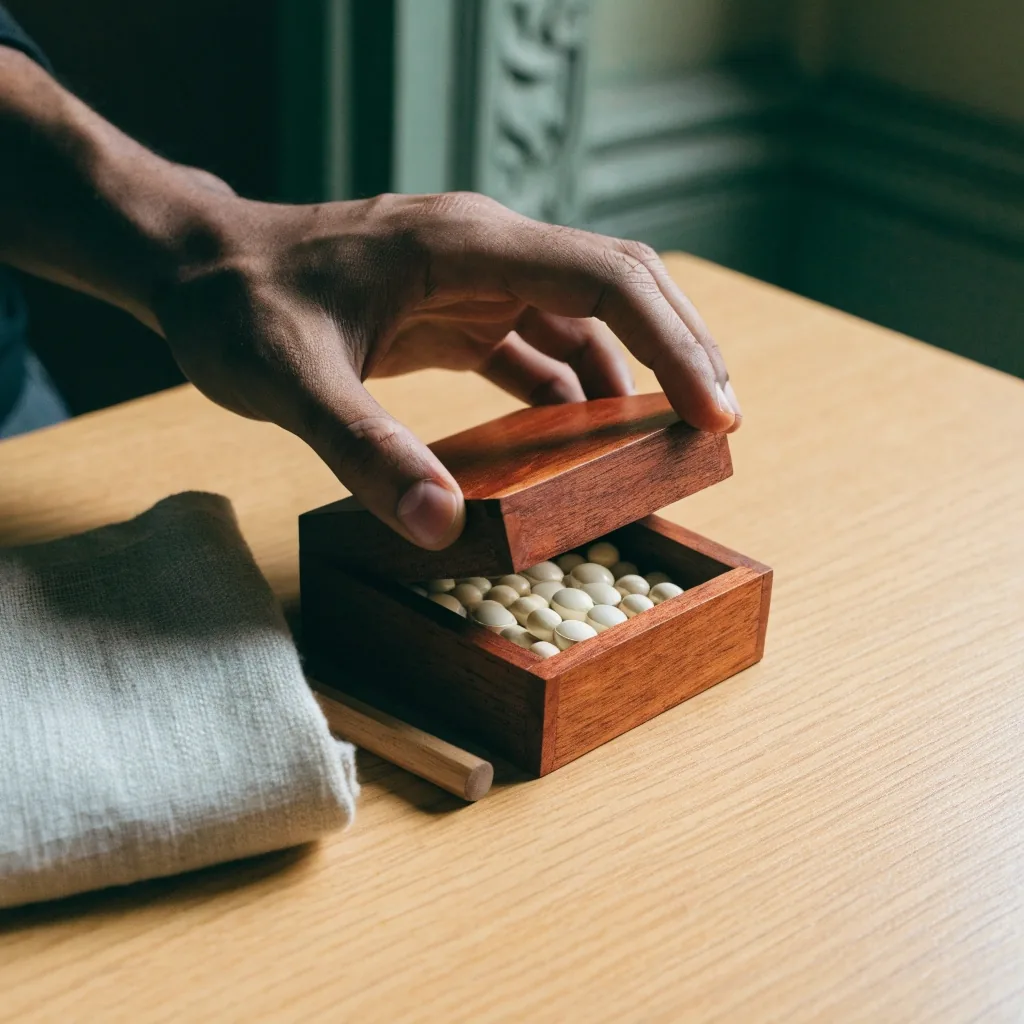 Folded linen cloth and a plain wooden pen resting on a table in soft overcast light