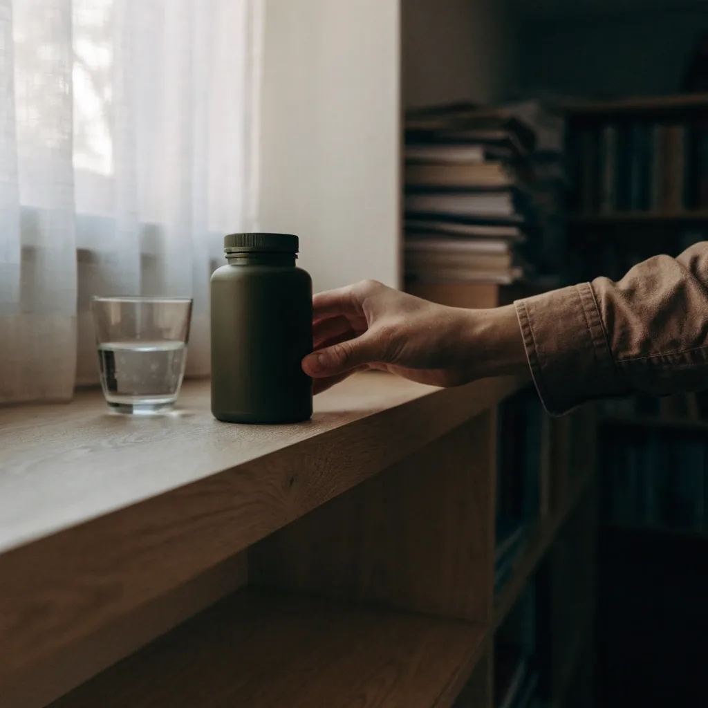 Plain timber desk edge with water and a bottle in soft daylight, open space to the left